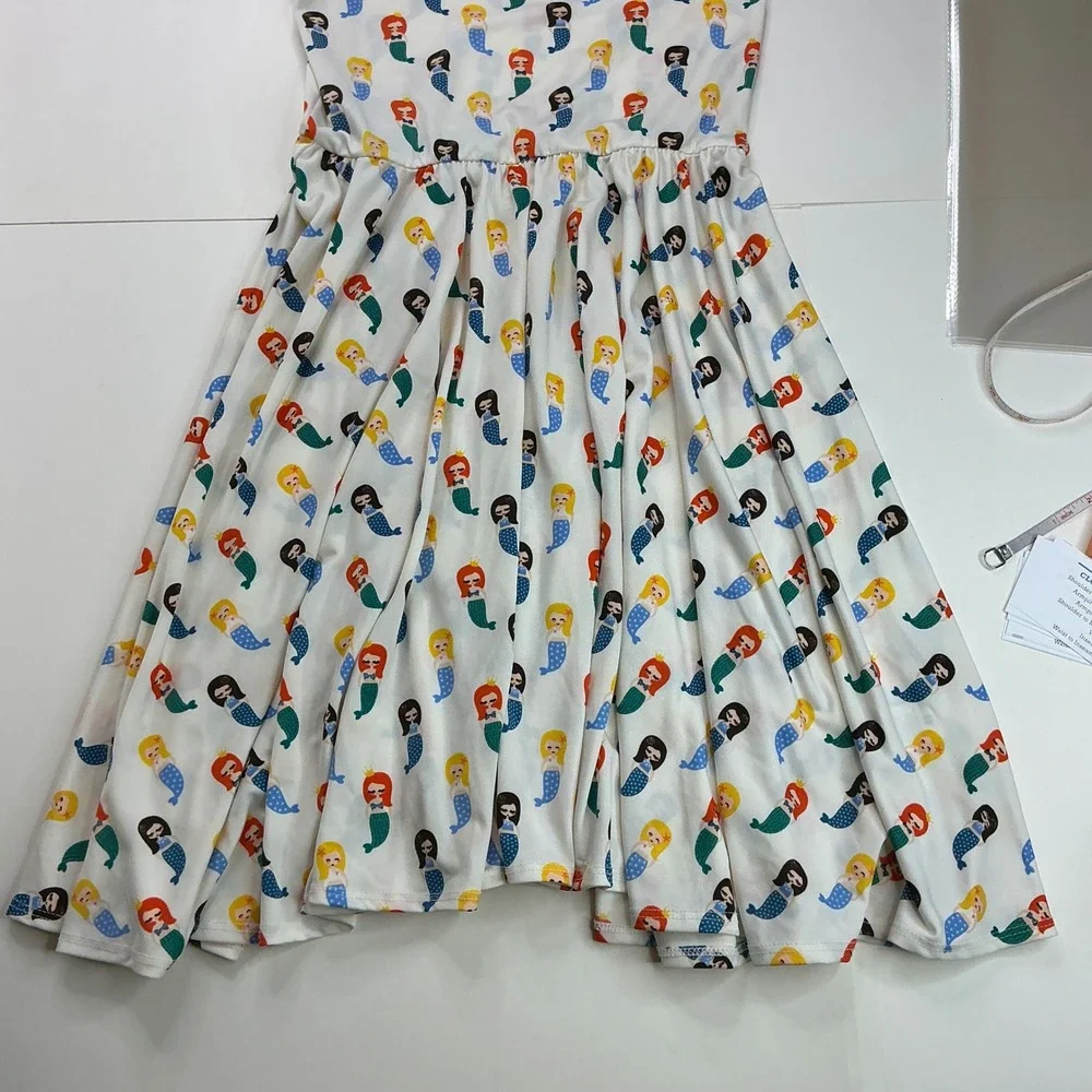 DotDotSmile White Mermaid Print Twirl Dress Kids Size 8/10 Sleeveless Scoop Neck